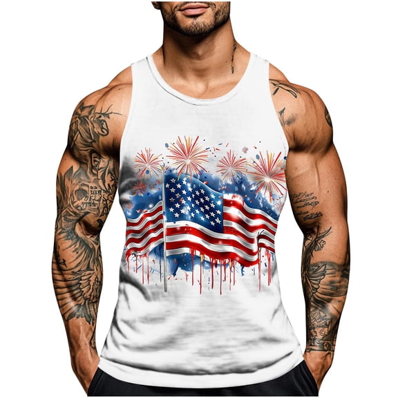 Cmfcve Men's Independence Day Tank Tops Summer Printed Gym Tank Top Sleeveless Round Neck Hawaiian Tees