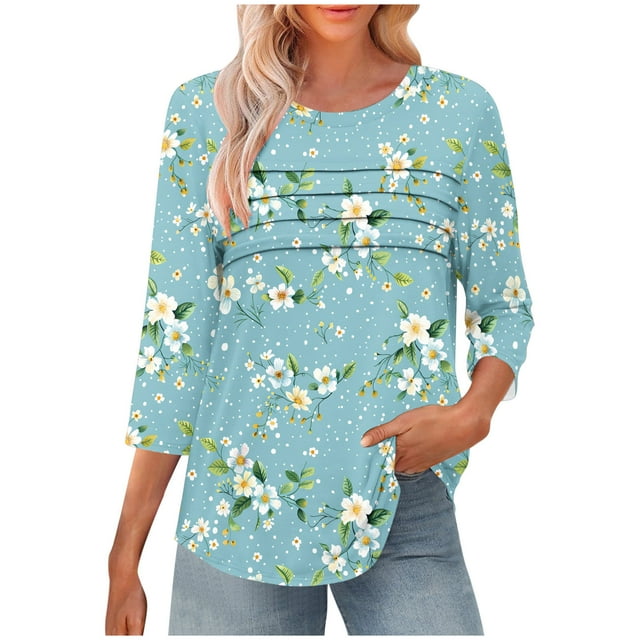 hopeusnice Blouses à Manches 3/4 à Col Rond pour Femmes Chic Décontracté Automne Chemises Tendance Motif Floral Coupe Ample Tuniques de Printemps Hauts Légers T-Shirts Basiques Bleu Clair TG