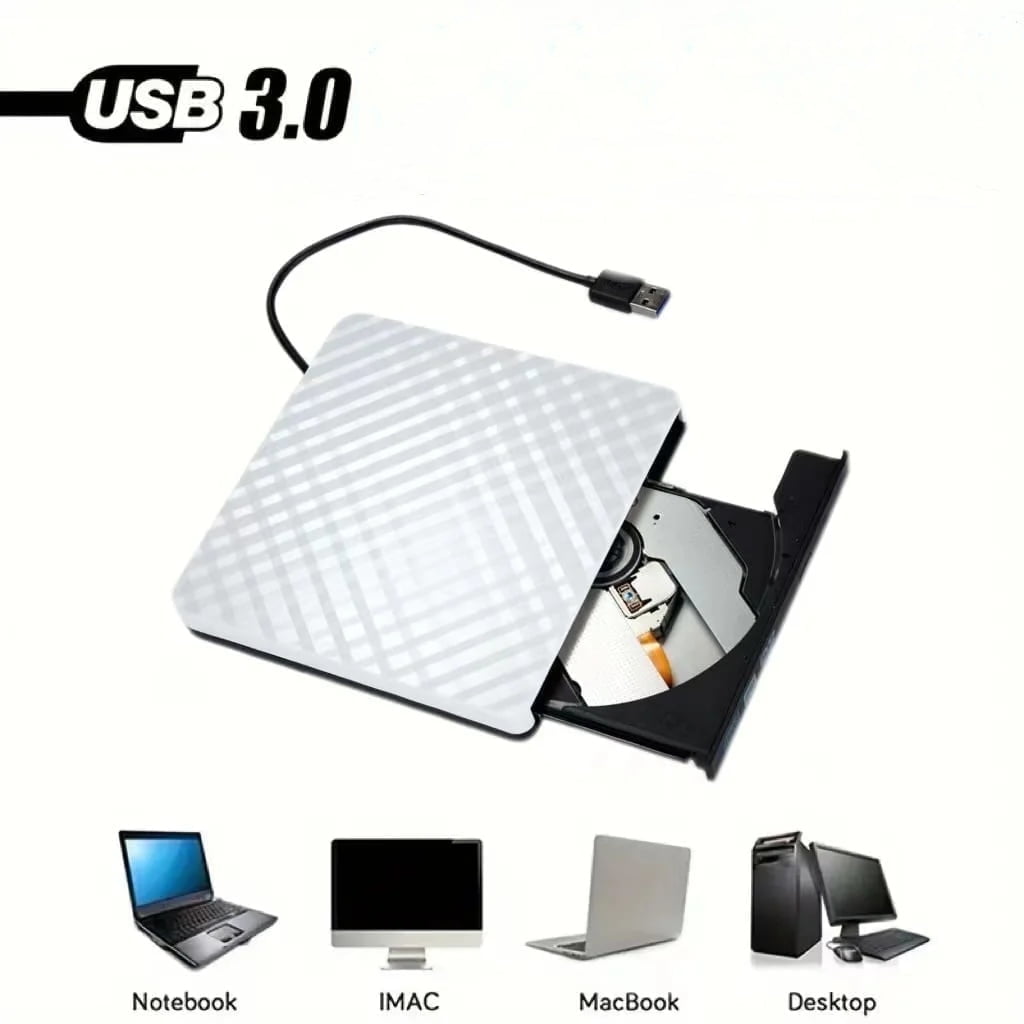 USB 3.0 External DVD Burner Optical Drive, High-Speed, for PC and Laptop, White Color