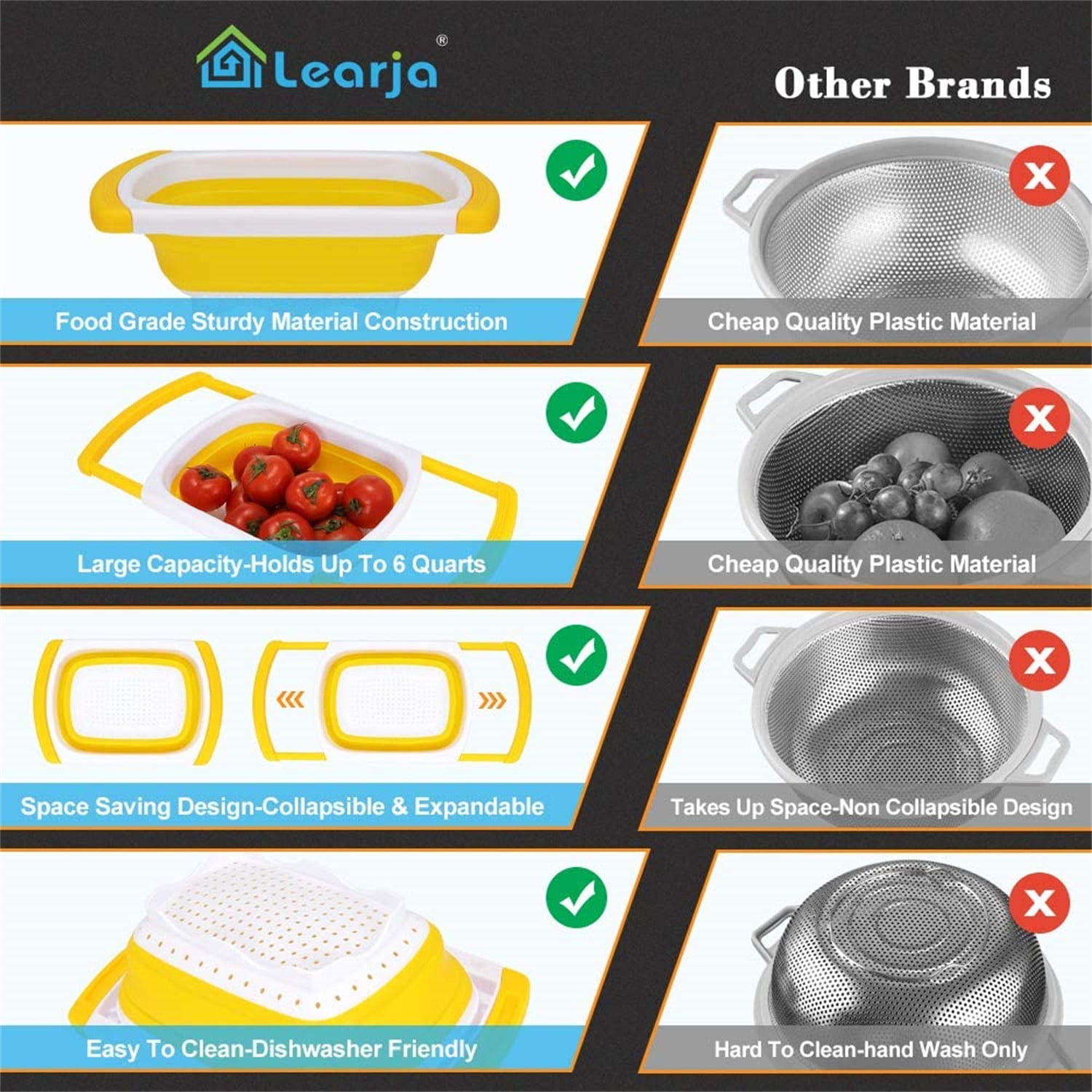 Kepooman Kitchen Over The Sink Collapsible Colander Strainer with Extendable Handles for Vegetable Fruit, Yellow Kepooman Kitchen Over The Sink Collapsible Colander Strainer with Extendable Handles for Vegetable Fruit, Yellow