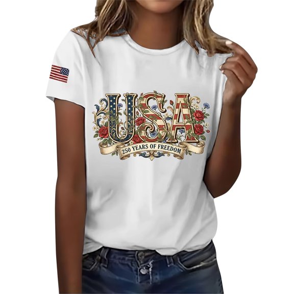 MEICHEN Women's Cotton Printed Shirt Short Sleeve Round Neck Usa 250th Anniversary T Shirt Fashion Patriotic Top Casual Summer Clothing