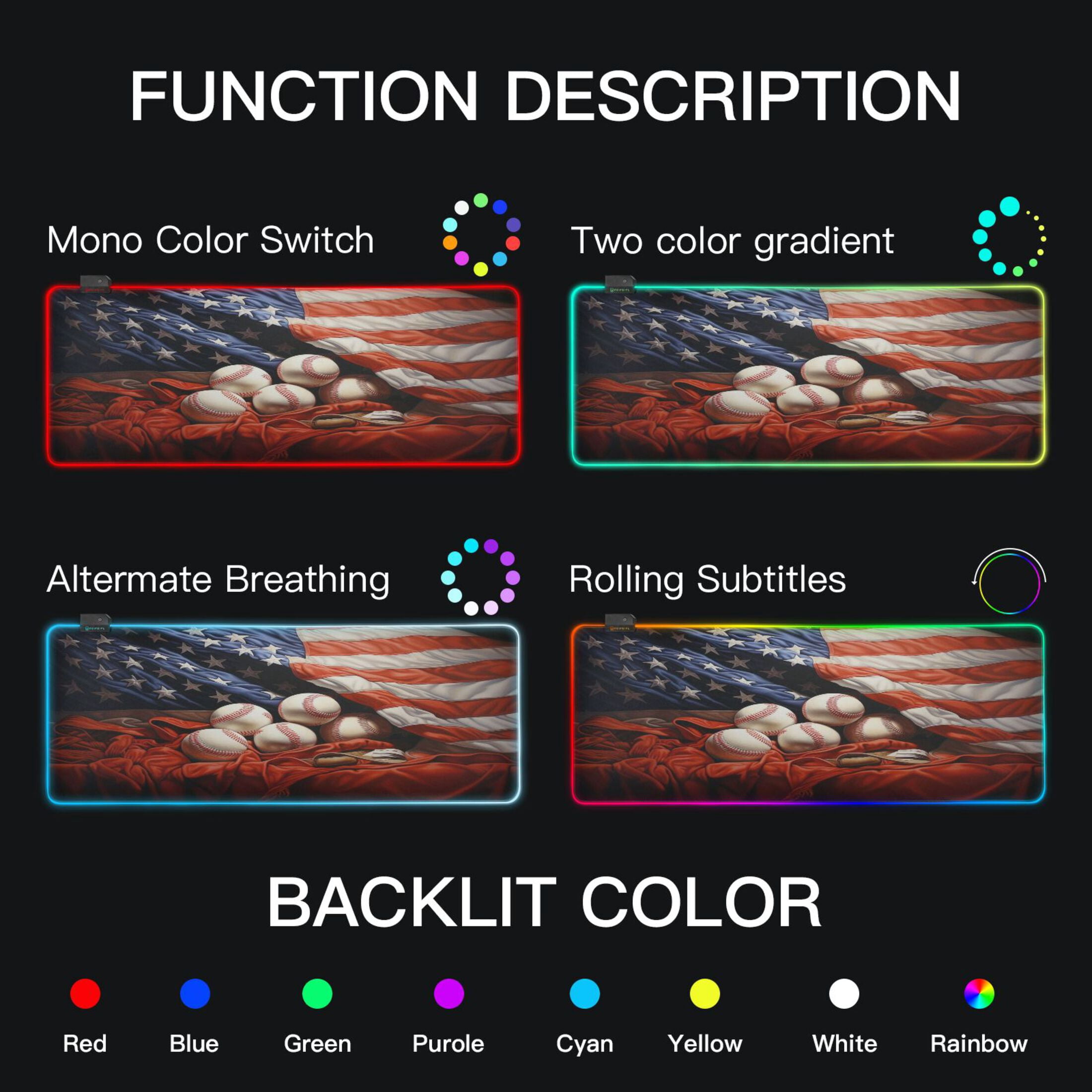 Wireless Charging Mouse Pad Large RGB Gaming Desk Mat 13 Light Modes Mousepad 31.5x11.8 American Flag and Baseball