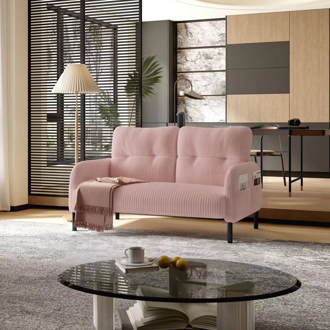 Sofa for Living Room, Corduroy Sofa, Double Seater Sofa with Side Pockets and Ergonomic Support, High Density Foam, Modern Monochrome Design, Pink Corduroy Fabric
