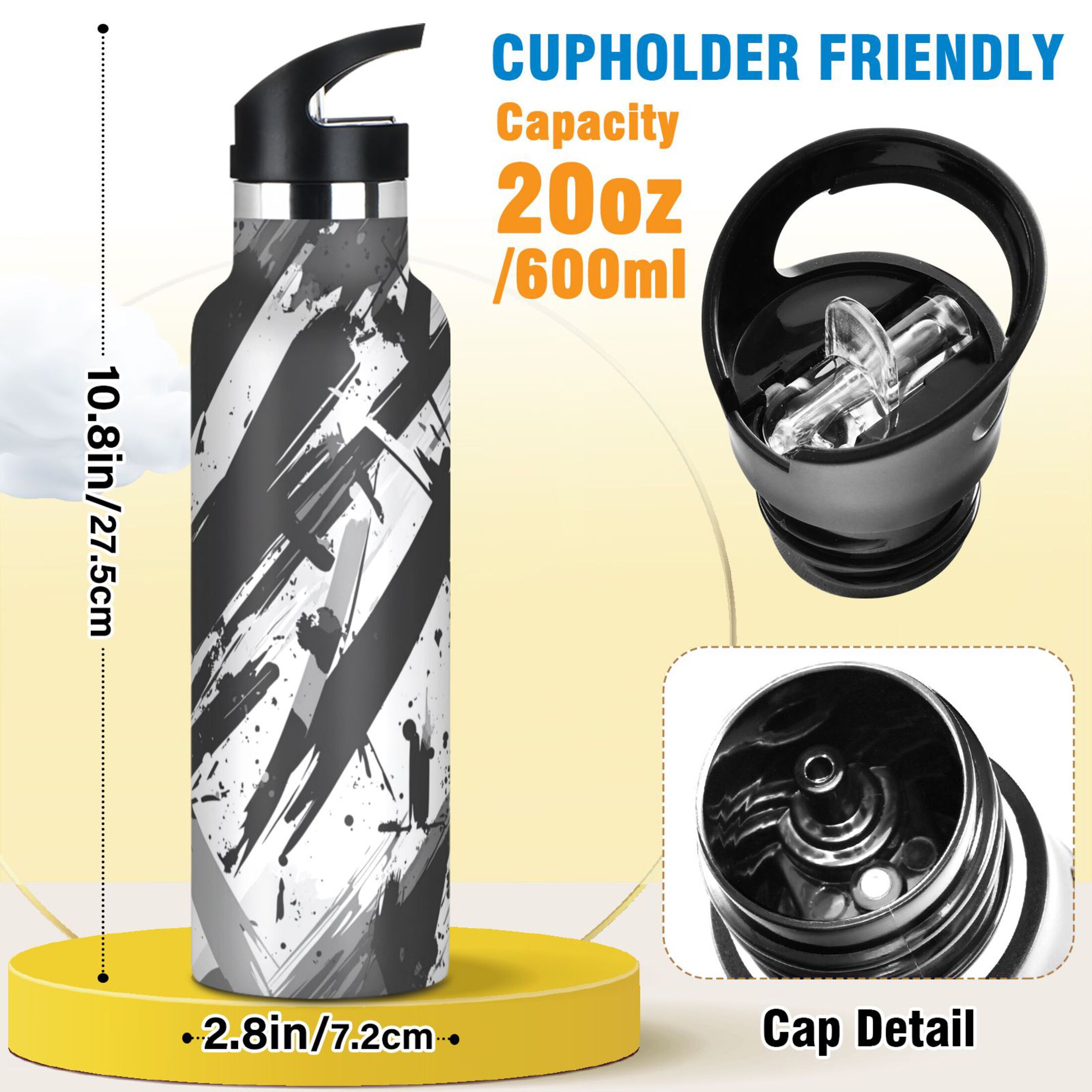 Kids Insulated Stainless Steel Sports Water Bottle 600ml (20oz) Abstract Brush Strokes