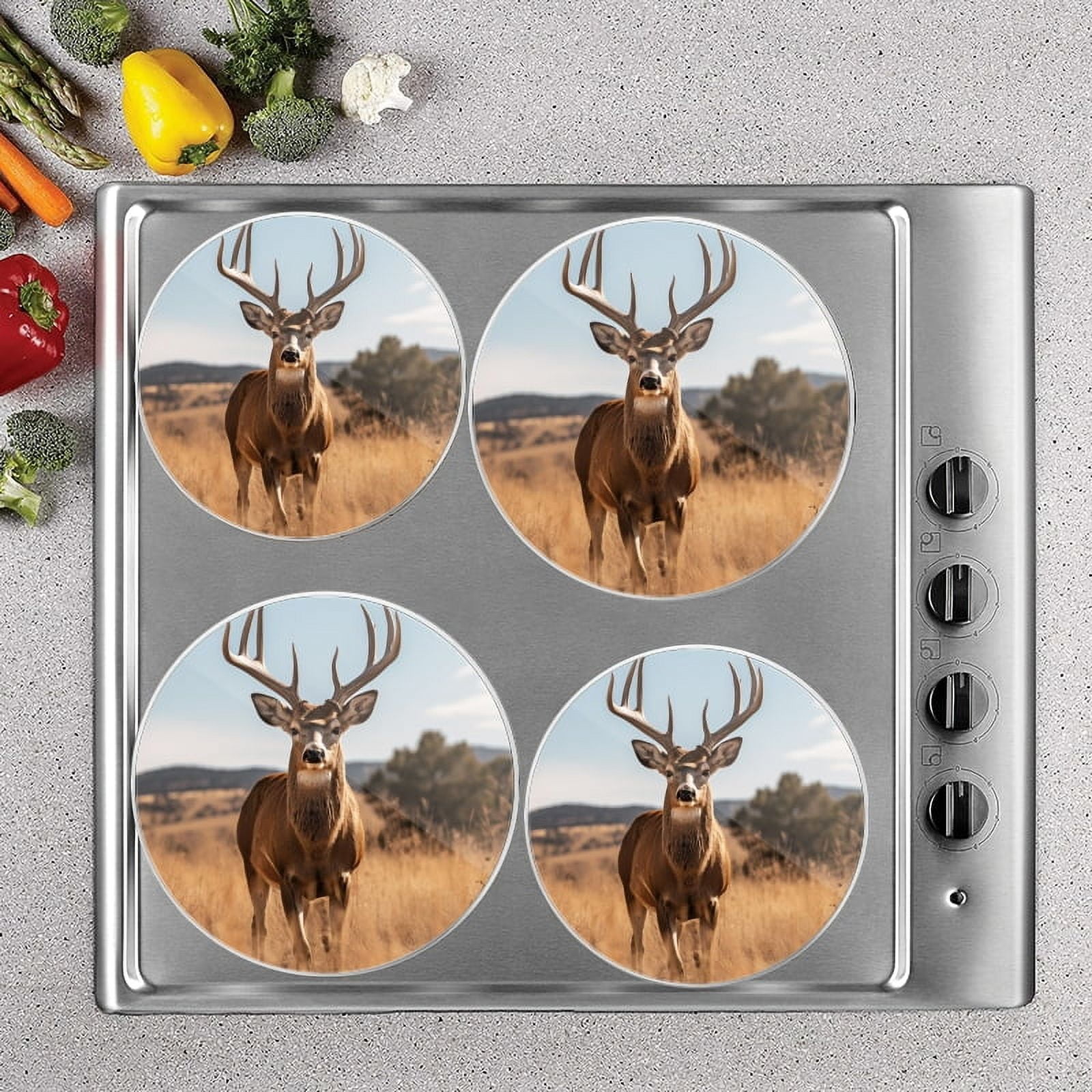 Bahomeck Gas Stove Burner Cover Set Of 4,Deer Standing In Tall Grass With Large Antlers Metal Electric Stove Burner Covers,Protecting Gas Stoves,Kitchen Decor，8 Inch And 10 Inch