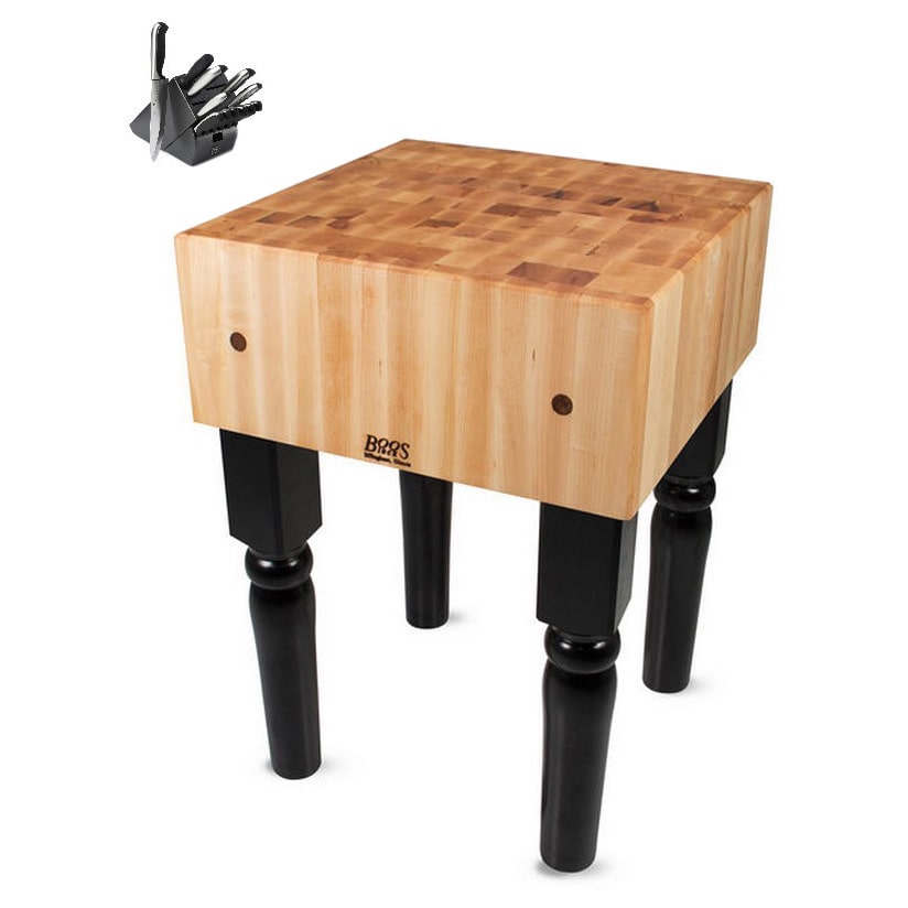 John Boos Black Butcher Block 24 x 24 Table with Casters and Henckels 13piece Knife Block Set
