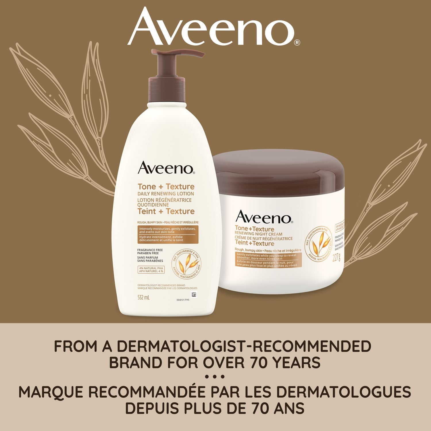 Aveeno Teint + Texture lotion régénératrice quotidienne, sans parfum, peau sèche, kératose pilaire, extrait d'avoine, vitamine B3 532 ml