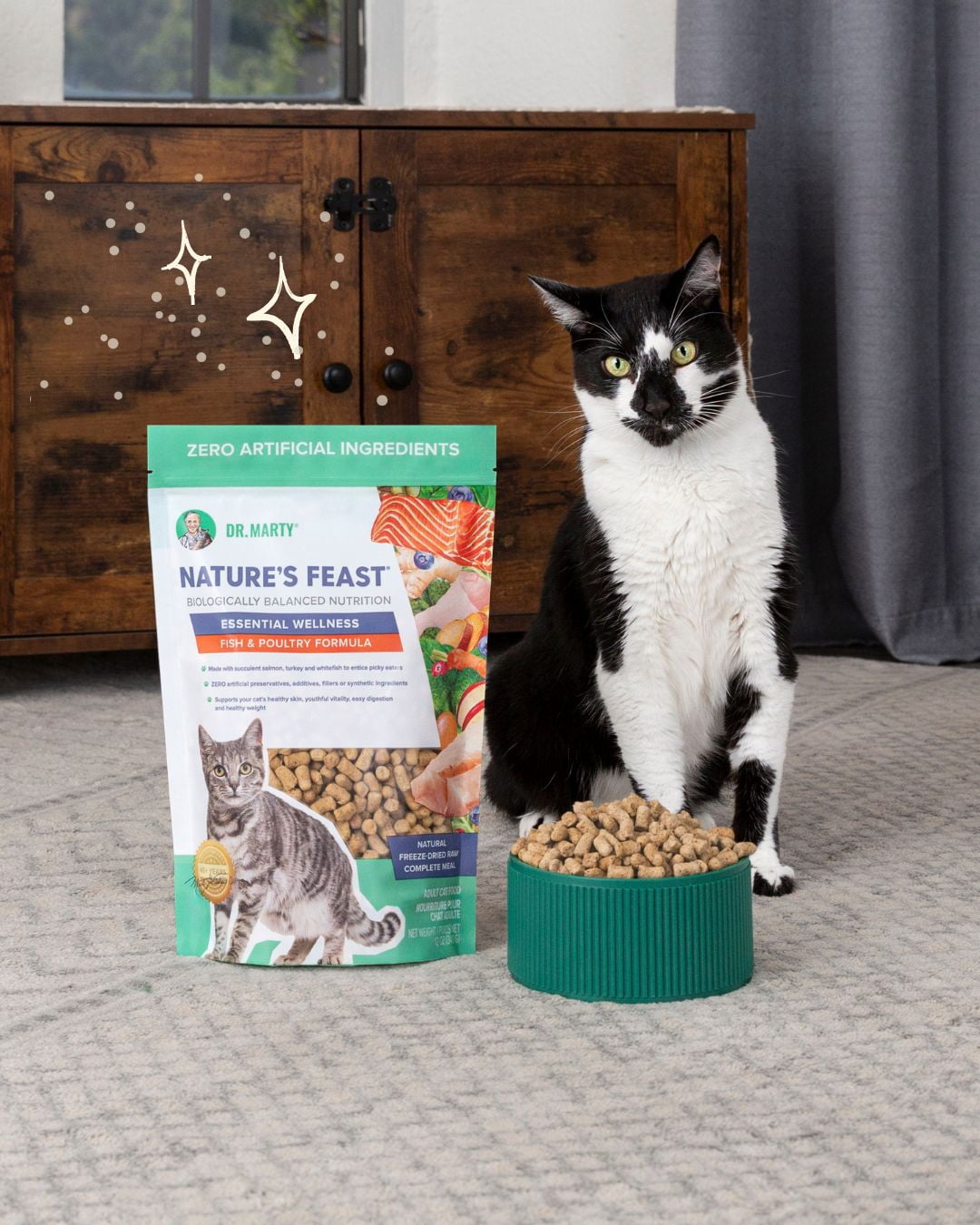 Dr. Marty Nature's Feast Natural Freeze-Dried Raw Cat Food, Essential Wellness Fish & Poultry Formula, High-Protein 87% Real Meat, Grain-Free, 12 oz