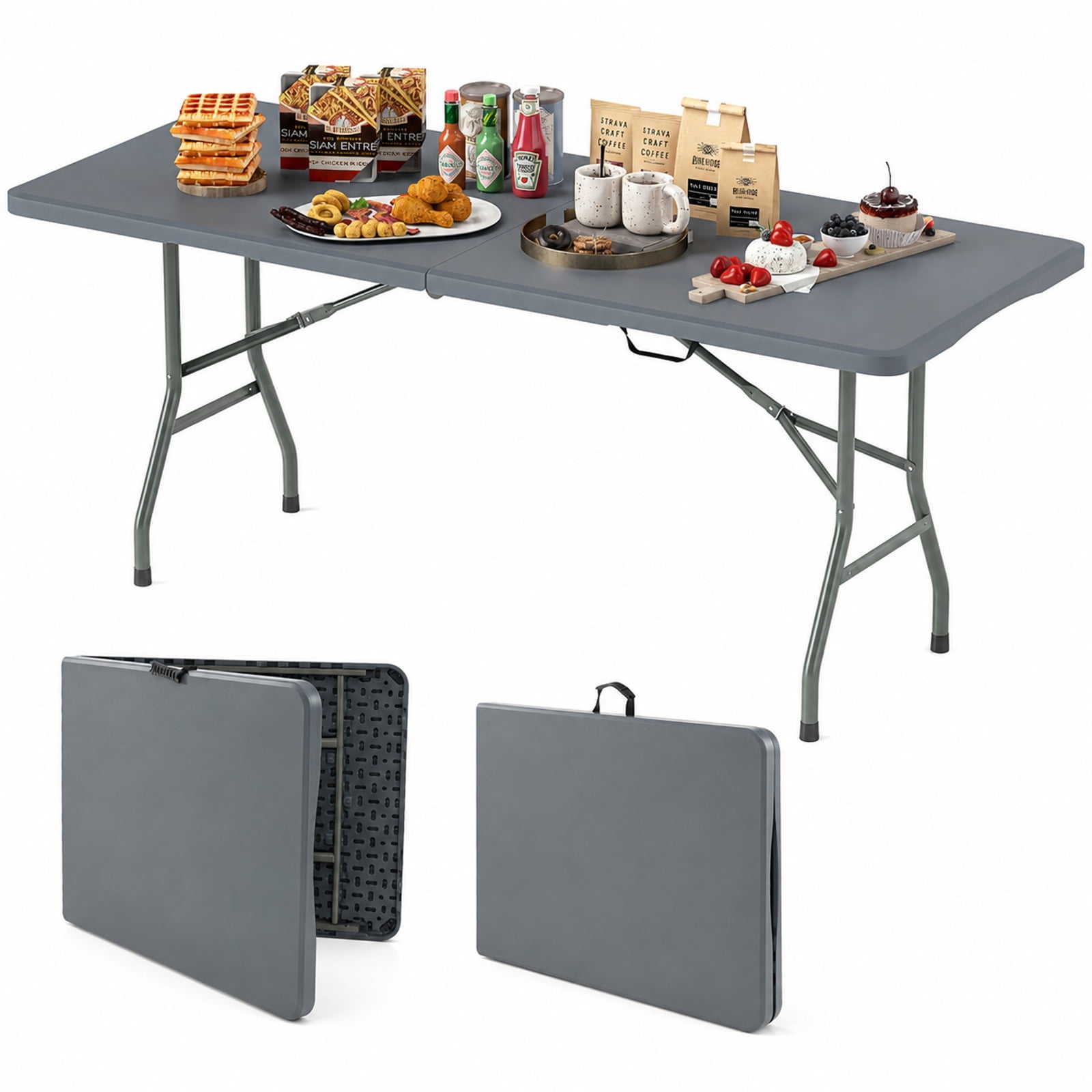 Vebreda 6 Foot Portable Folding Table with HDPE Tabletop and Fold in Half Design and Carry Handle for Picnic Party and Outdoor Events, Gray