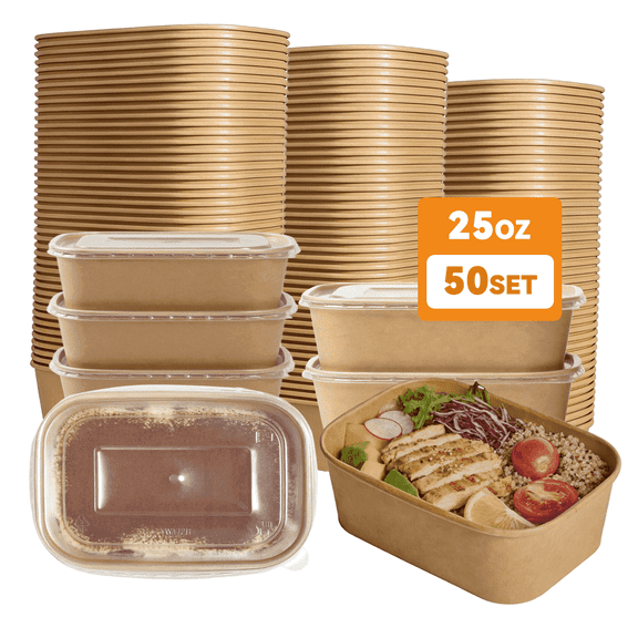 Cafemira 25 oz Kraft Paper Disposable Rectangular Bowls with Lids, Heavy Duty Oil-Proof for Salad Soup Meal Prep, Microwave Freezer Safe, 50 pack