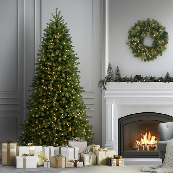 National Tree Company 7.5 ft Pre-Lit Jersey Fraser Fir Slim Artificial Christmas Tree, 800 Clear Lights, 2,468 Tips, Includes Stand, Green