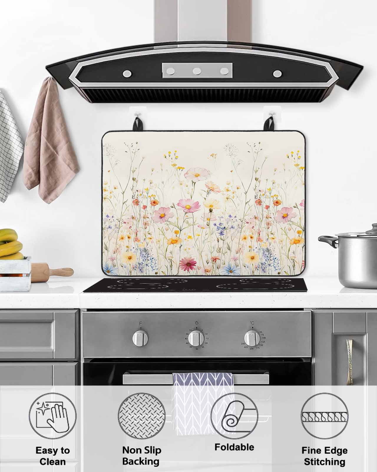 nqOlkjepod Large Induction Cooktop Protector Mat 36"x21", Beige Floral Spring Stove Top Covers for Electric Stove, Vintage Farmhouse Botanical Stove Burner Cover Mats, Glass Top Stove Cover