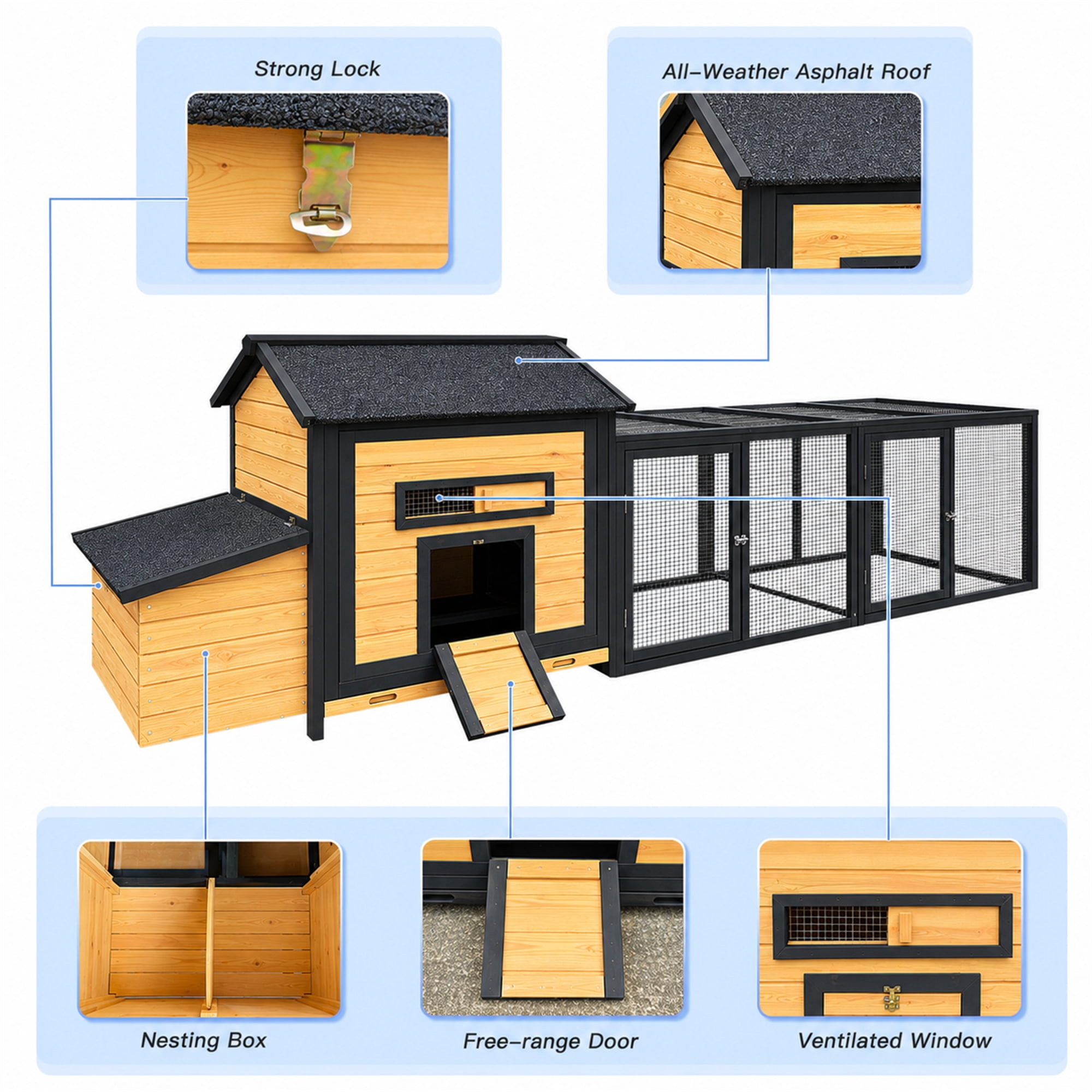 Aukfa 114" Large Chicken Coop Wood Chicken Run Cage w/ Nest Box and Pull-on Tray for Outdoor, Backyard, Black