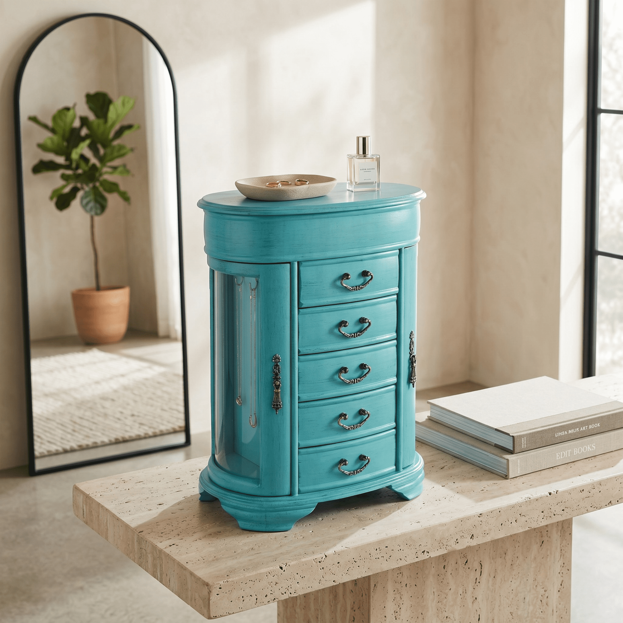 Hives and Honey Daphne Oval Wooden Jewelry Organizer Chest with Vanity Mirror and Glass Doors for Women in Antiqued Turquoise Finish