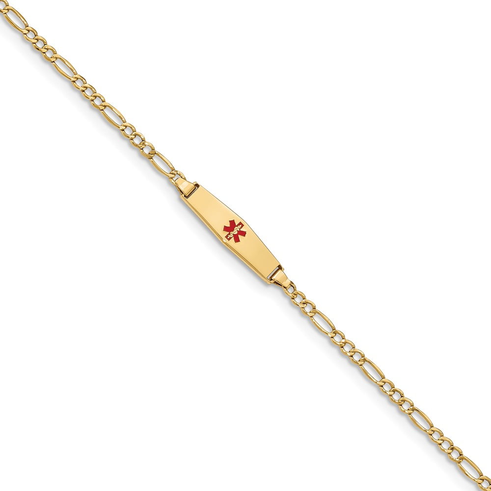 14k Yellow Gold RN Registered Nurse Caduceus Symbol Medical Red Enamel ID  with Figaro Emergency Alert Bracelet with Secure Lobster Lock Clasp 7