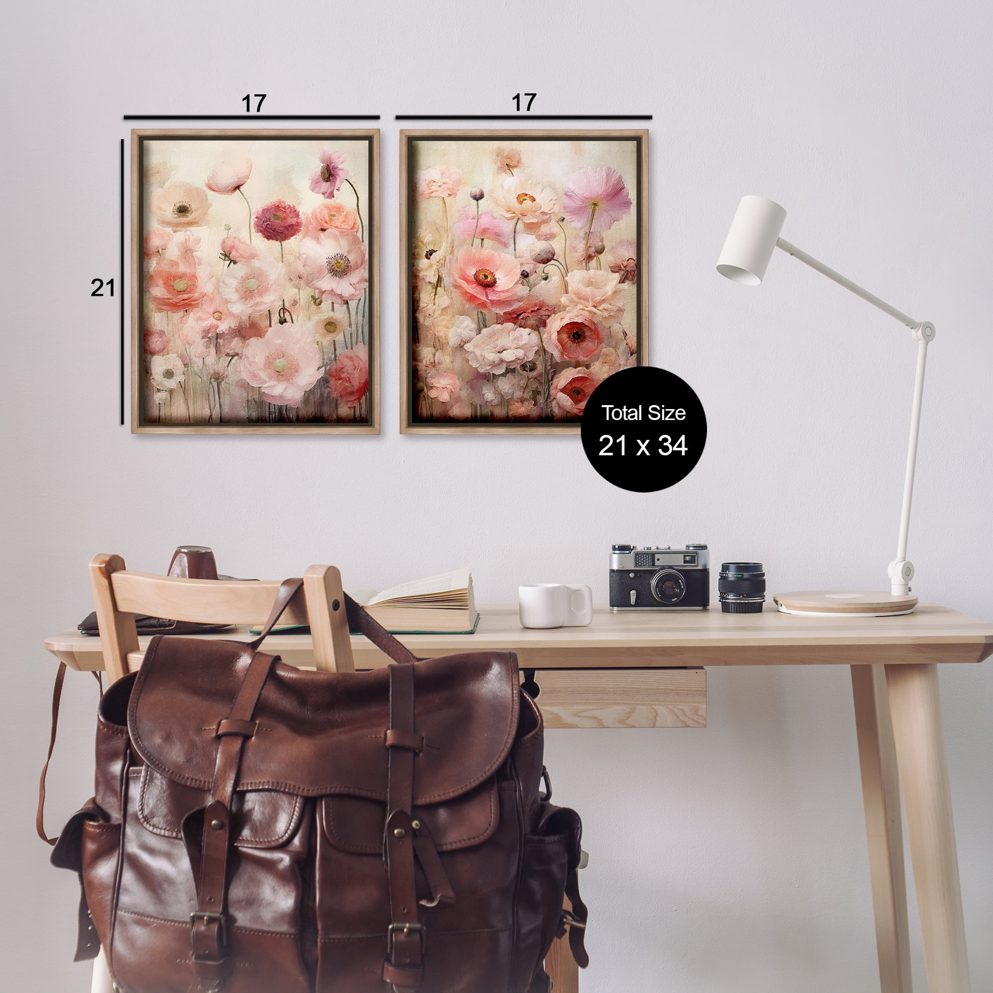 Stupell Industries Pink Blush Floral Field Plants & Flowers Painting Brown Floater Framed Canvas Art Print Wall Art, 17 x 21, Set of 2