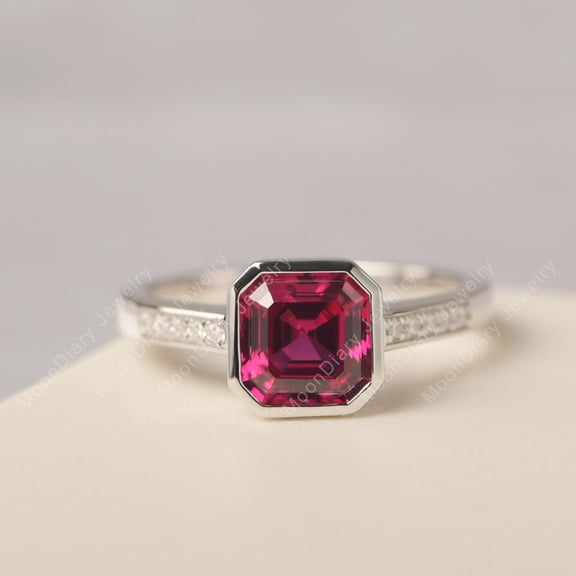 Asscher cut wedding ring bezel set ruby proposal ring July birthstone unique anniversary gifts for her