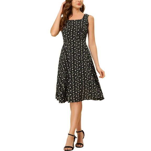 Allegra K Women's Square Neck Sleeveless Floral a-Line Chiffon Midi Dress