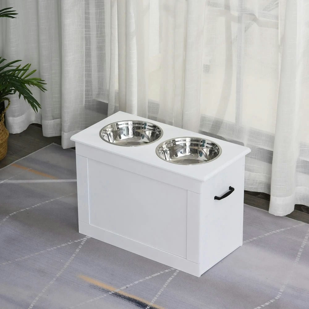 Resenkos Dog Bowls Holder,Dog Food Bowls,Raised Pet Feeding Storage Station with 2 Stainless Steel Bowls Base, White