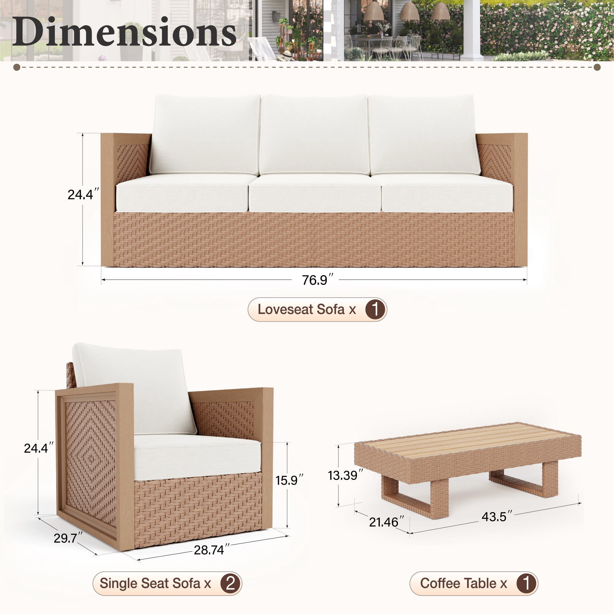 SUMMIT LIVING 4-Piece HDPE Outdoor Patio Furniture Set, Wicker Outdoor Patio Conversation Set with Wood-Grain Rattan Coffee Table, Beige