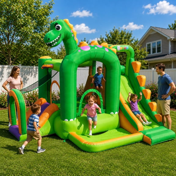 Pogo Bounce House Backyard Kids 7-in-1 Inflatable Bounce House with Slide, Dinosaur