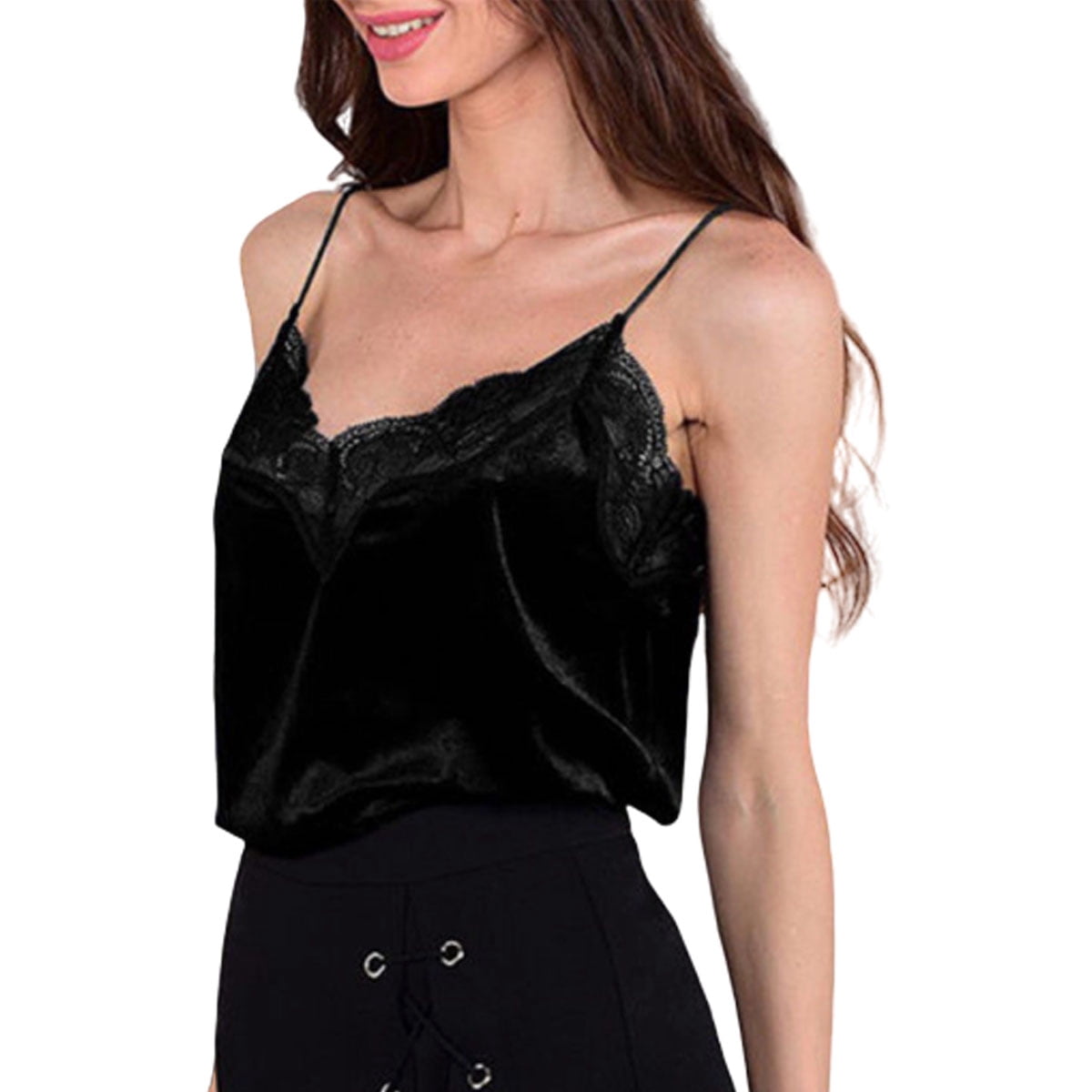Women V Neck Slim Sleeveless Lace Velvet Vest Top Blouse Camisole -  Walmart.com