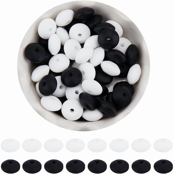 1 Box 140Pcs Silicone Abacus Beads Bulk 12mm Black Lentil Beads Large Soft Flat Round Lentils Shaped White Rubber Beads for Bracelets Beading Necklaces Keychains Pens Crafts Supplies Women for making