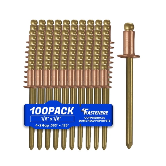 Fastenere Copper Pop Rivets - 1/8" x 1/8" (100 Pack) Copper Body Brass Mandrel, Heavy Duty, Open-End, Dome-Head Blind Rivets, Corrosion-Resistant & High Shear Strength, 4-2 Gap .063" - .125"