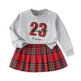 thumbnail image 2 of ZHOGXU Big Kids Girls Christmas Outfits Long Sleeve Round Neck Letter Print Pullover And Plaid Skirt Fashion Comfortable Two Piece Sets For Holiday Grey 5-6 Years, 2 of 9