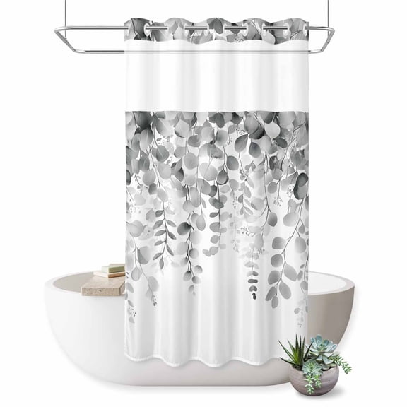 Small Stall No Hook Shower Curtains Eucalyptus Grey Waterproof Fabric Shower Curtain Set Farmhouse Leaves Summer Spring Leaf Bath Curtains for Bathroom Decor with See Through Top Window 36x72 Inch