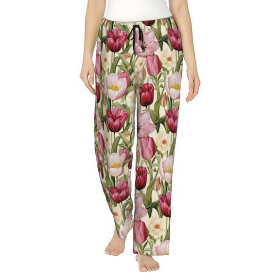 Naloa Tulips Flowers Print Women’s Ultra-Soft Comfy Pajama Lounge Pants with Pockets & Drawstring
