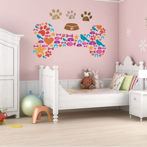 Animal Wall Decal Cute Pet Paws Prints in Bone Shaped Background Bedroom Wall Decal for Girls Dog Cute Themed Room Décor - Size: 20 In x 14 In