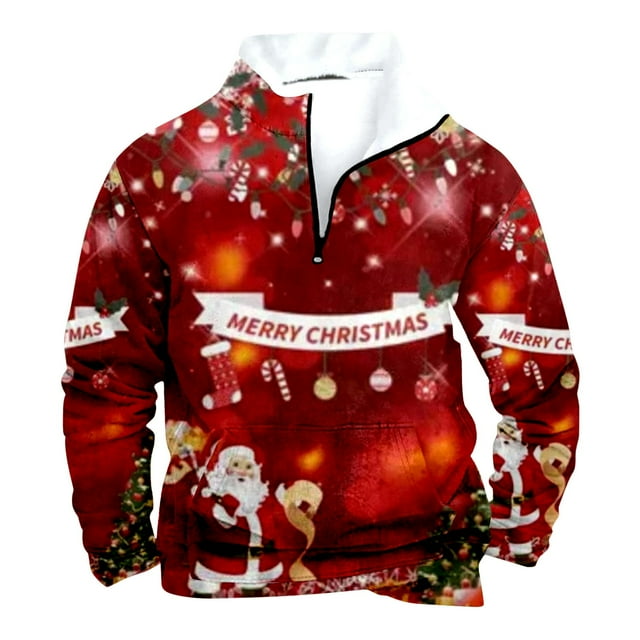 toraway Sweatshirts pour Hommes Col Rond Coton Hiver Manches Longues Mode Imprimé de Noël Fermeture à Glissière Manteau TG