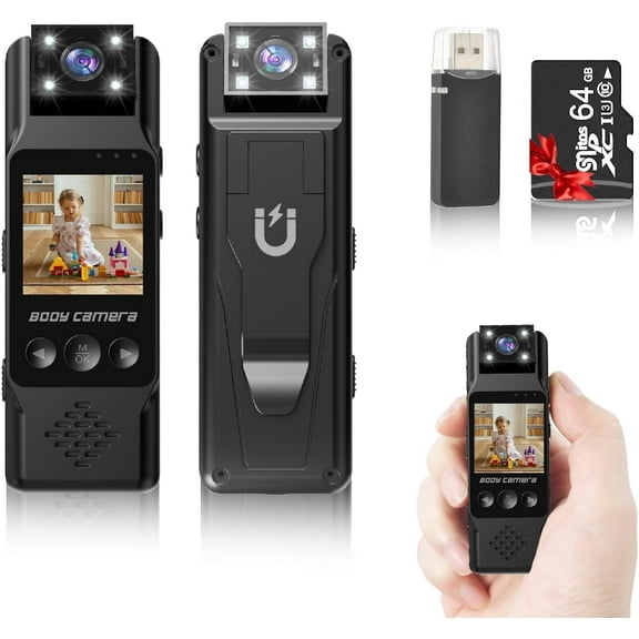 Body Camera with Audio and Video Recording 1080P Bodycam Handheld Video Recorder with 1.3" Screen, 180° Rotating Lens, 6h Battery, 4 Fill Lights, Motion Detection for Personal Civilians Travel