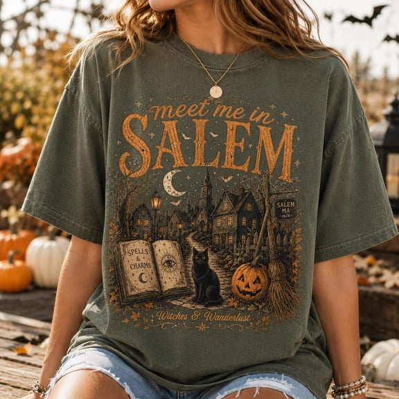 Meet Me In Salem Halloween T-Shirt, Witchy Haunted Town Graphic Tee, Spooky Fall Salem MA Gift Shirt