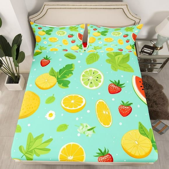 YST Tropical Fruit Sheets Strawberry Lemon Bed Sheets Summer Holiday Fitted Sheet Twin Size White Daisy Flower Leaves Bed Set,Children Blue Breathable Soft Home Décorative 2 Piece