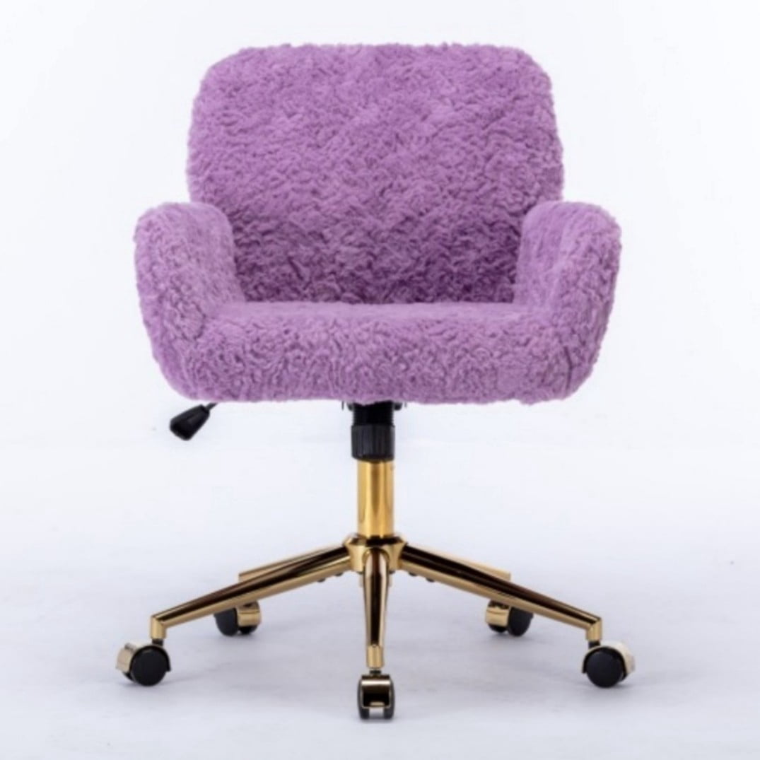 Office Chair, Faux Rabbit Fur Home Office Desk Chair with Golden Metal Base, Adjustable Height, 360° Swivel Reclining Vanity Chair, Violet