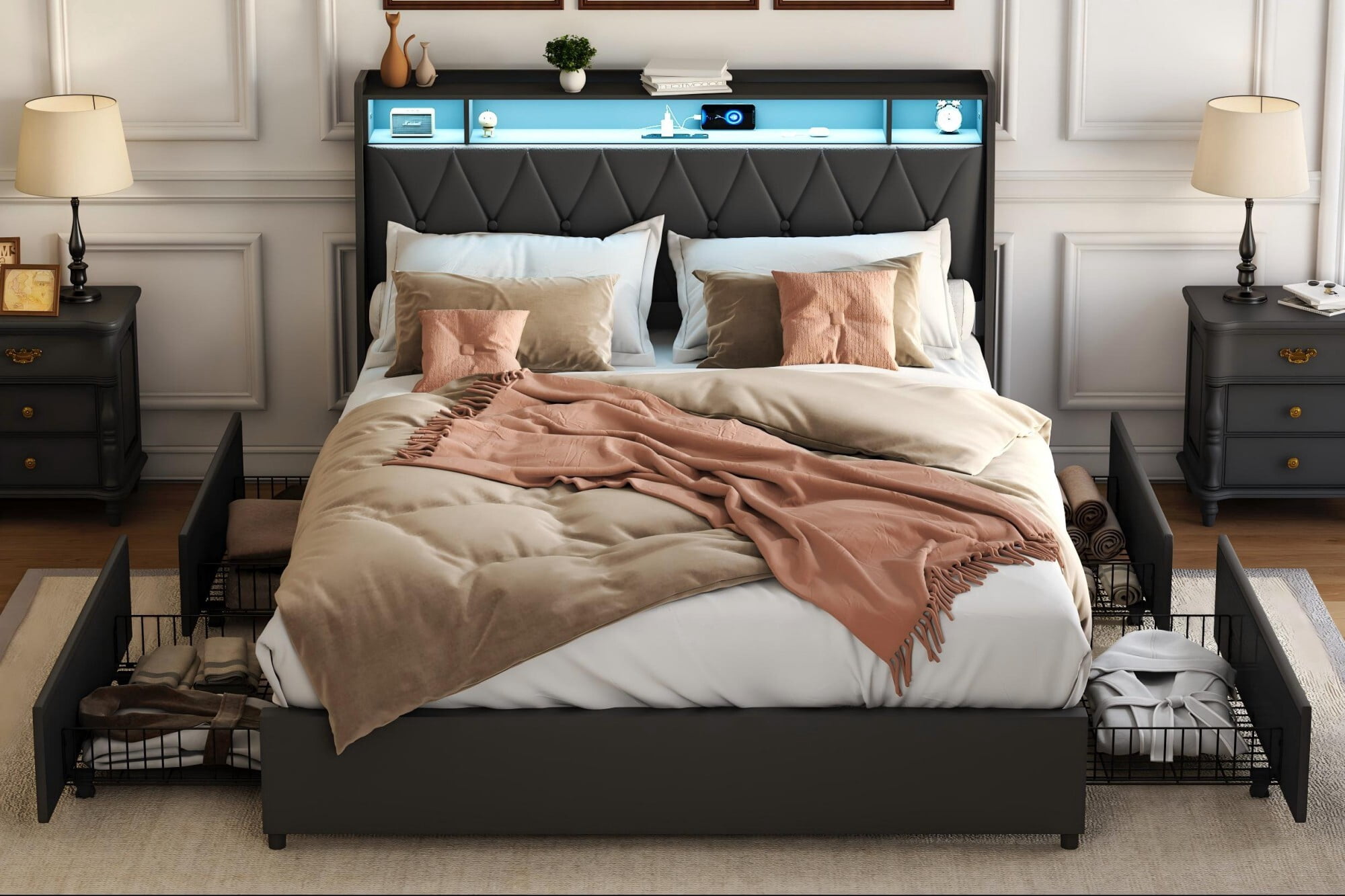 AENKYO Queen Size Bed Frame with LED Lights, Upholstered Storage Headboard & 4 Drawers, and Built-in Charging Station, Black