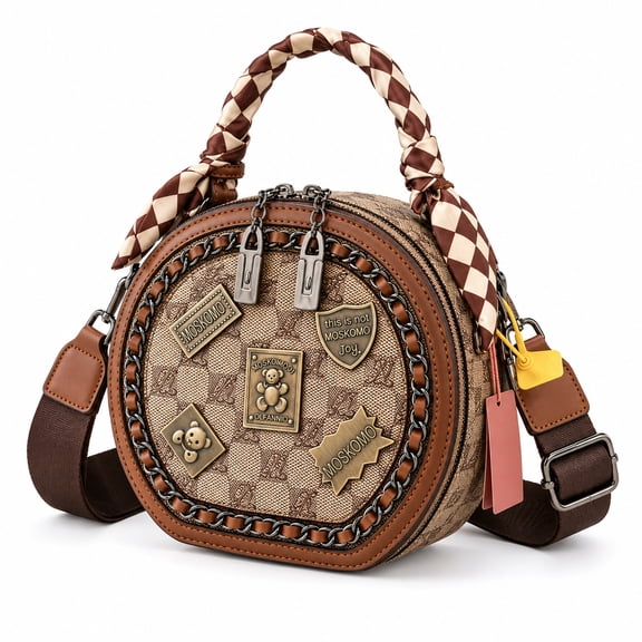 Women's Vintage-Style Round Crossbody Bag with Detachable Strap, Khaki