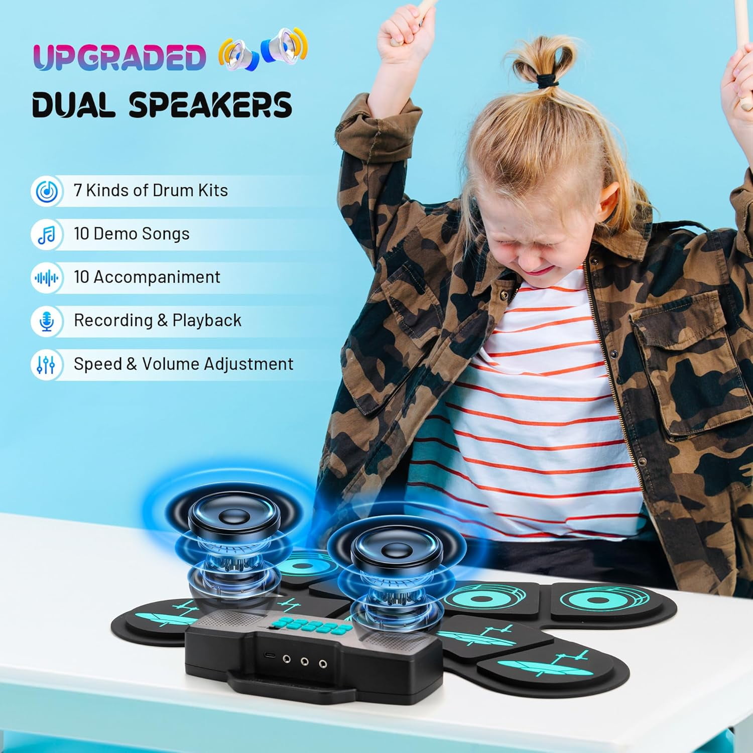 Portable Electronic Drum Set, 9-Pad Tabletop Drum Kit with Headphone Silent Mode & Drum Sticks/Pedals, MIDI Connectivity, Ideal Music Starter Gift for Boys & Girls Ages 3-8