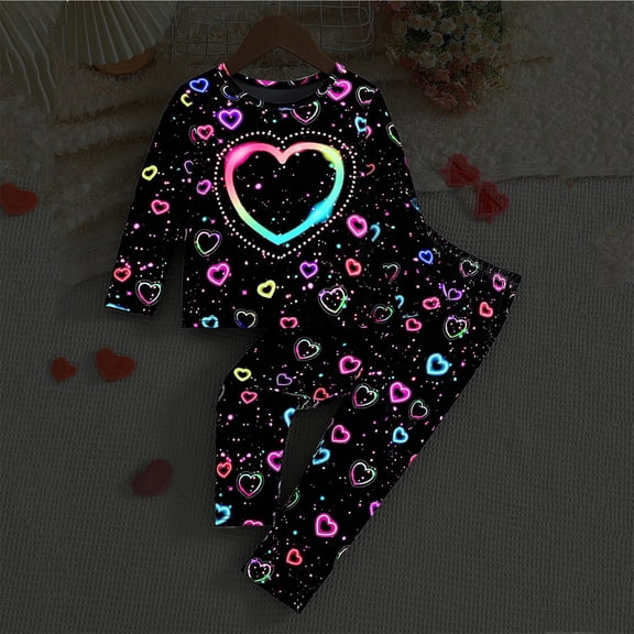 BOOMNY Girls 2 Peice Pajamas Sets Heart Graphic Long Sleeve Sleepwear Tops Pants Pjs Set for Kids Cozy Loungewear Homewear