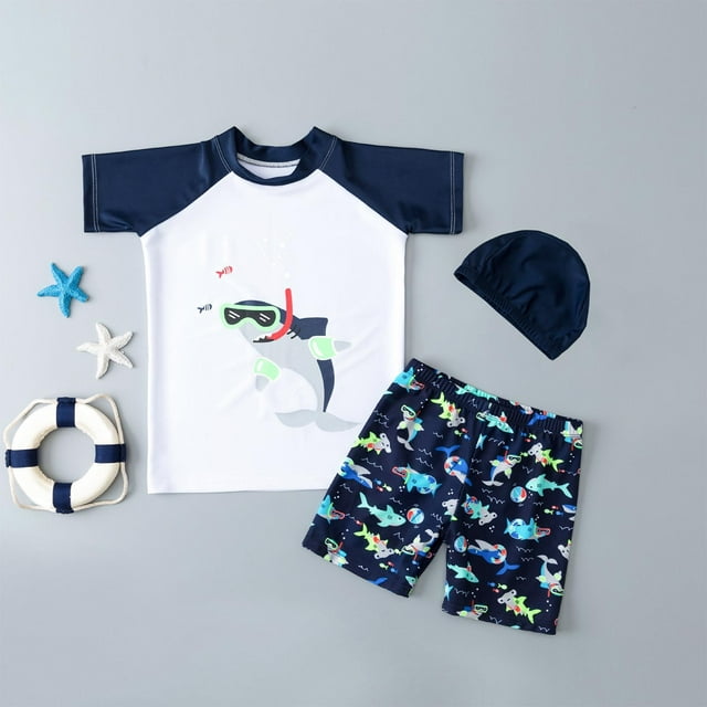 Traje de baño de dos piezas para niño, traje de baño estampado, manga corta, bañador y gorro. Conjunto de baño de tres piezas para niño, traje de baño de poliéster.