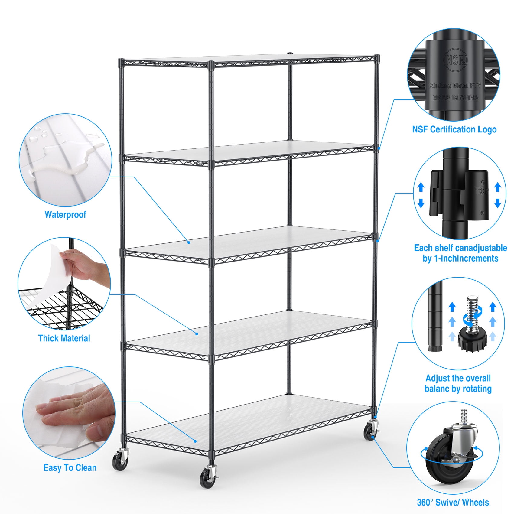 Miniyam 5 Tier 6000lbs Heavy Duty Metal Shelf Wire Shelving Unit , Adjustable Storage Rack with Wheels & Shelf Liners Commercial/Home, Black