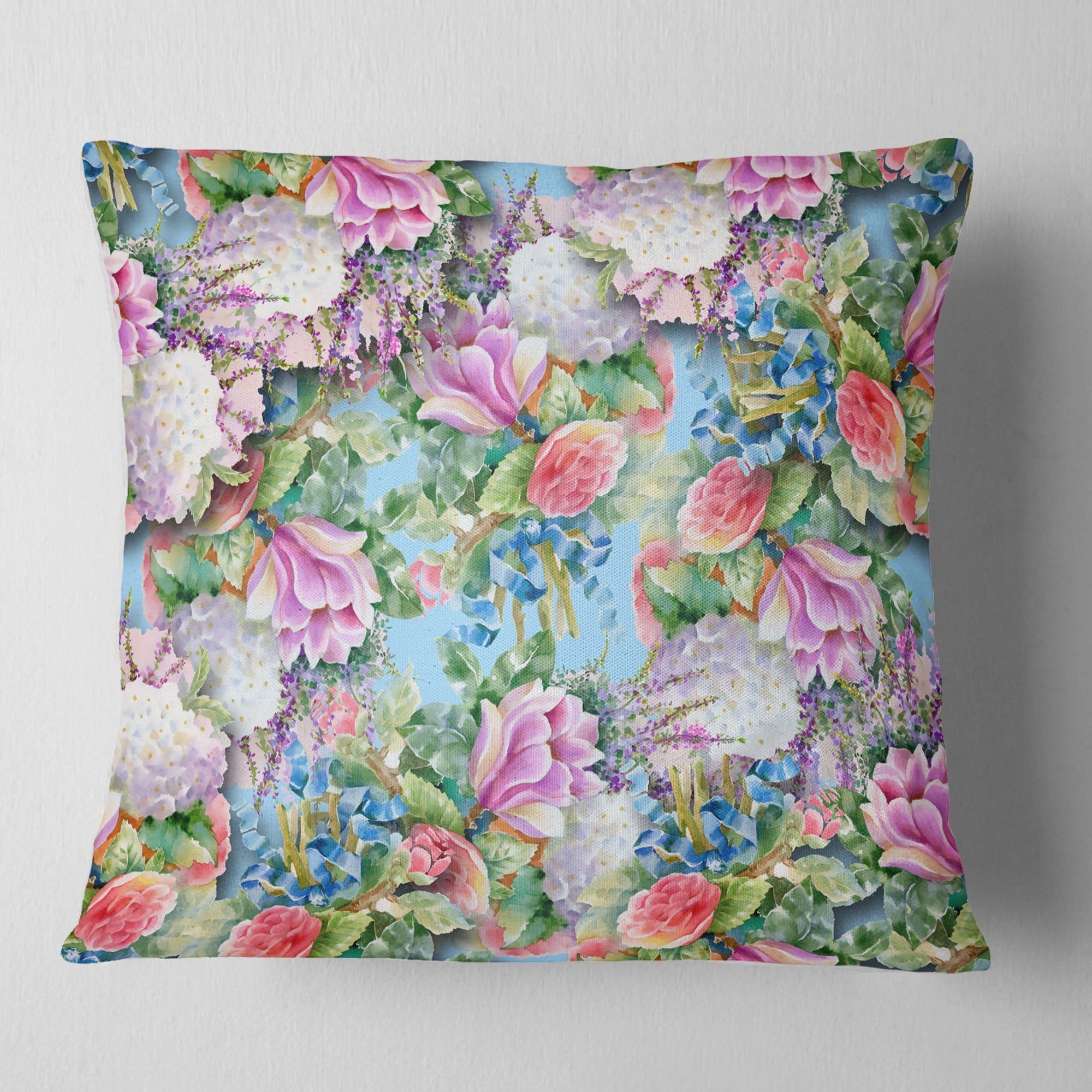 Designart Pink Flower Pattern on Blue - Floral Throw Pillow - 18x18