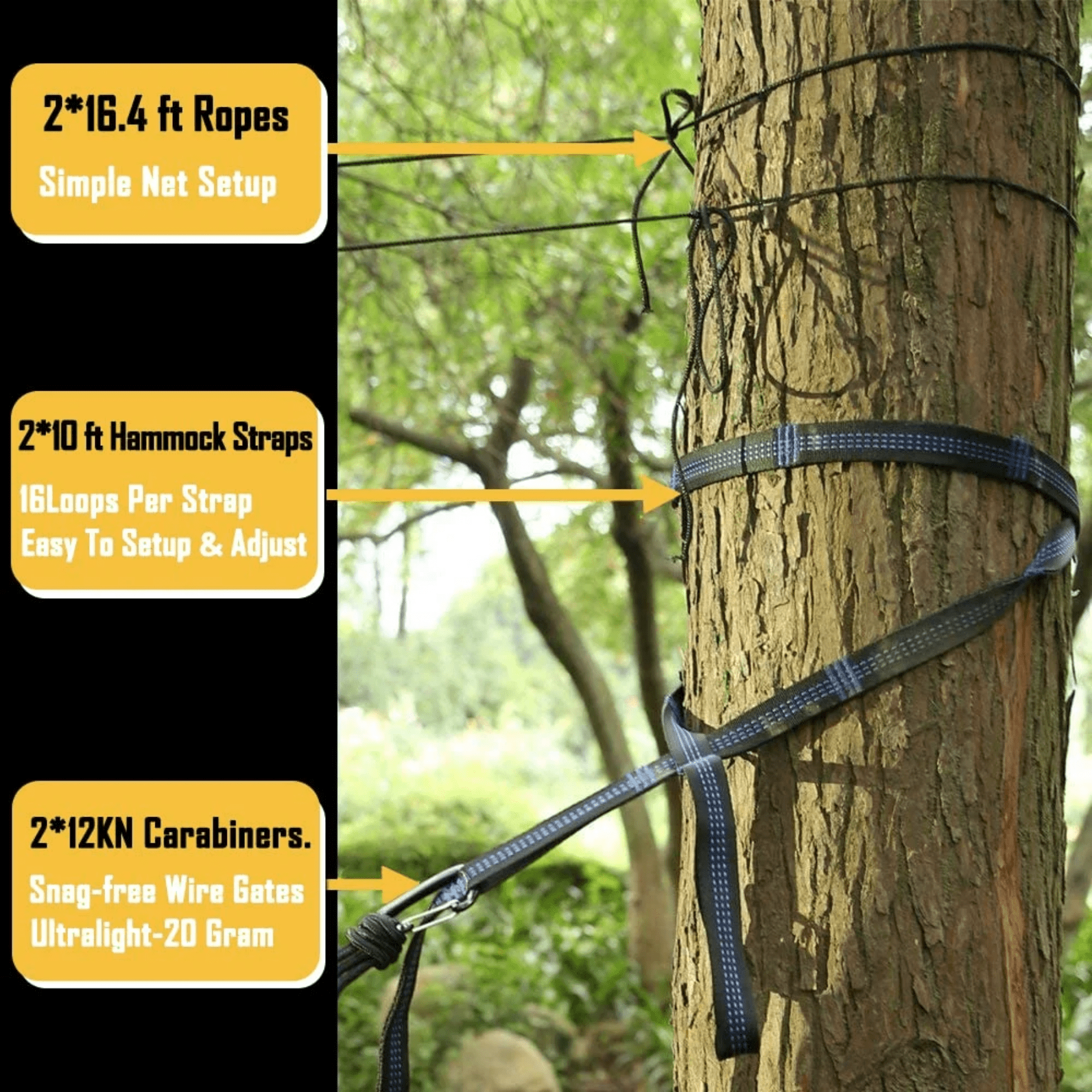 Travel Net Camping Hammock | 300kg Load Capacity, Breathable,Quick-Drying Parachute Nylon | 2 x Premium Carabiners,4 x Nylon Slings Included | for Outdoor Indoor Garden