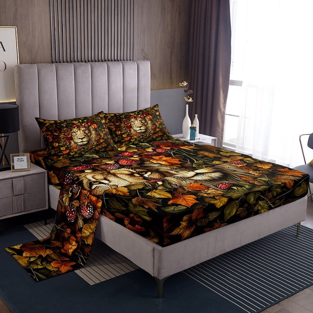 Ensemble de Draps Lion Format Simple, Ensemble de Draps Thème Jungle Animaux Tropicaux Faune Chasse, Ensemble de Literie Botanique Nature Champignons Rouges Feuilles d'Érable avec 1 Drap Plat et 1 Drap-Housse avec 1 Taie d'Oreiller