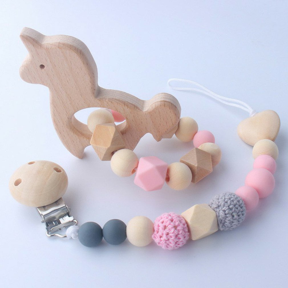 Crown Silicone Bead Dummy Pacifier Chain Clips Baby Teething Rattle Bracelet Set 