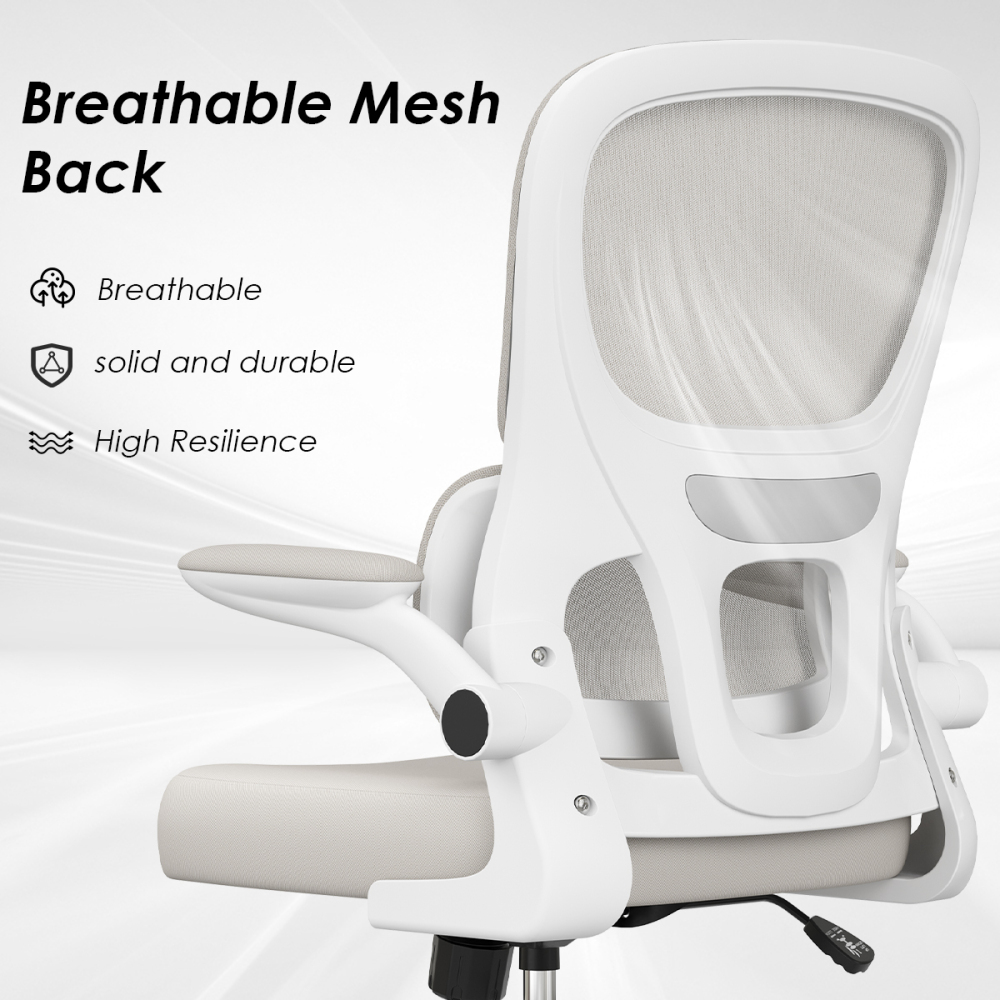 Pawverly Ergonomic Mesh Office Chair with Adjustable Lumbar Support, Flip-up Arms, Swivel Task Computer Desk Chair with Wheels, Comfy Home Office Chair, khaki+White