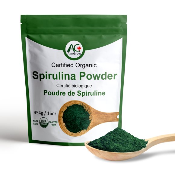 AimGrow Organic Spirulina Powder, Protein-Rich Spirulina for Eye, Skin, and Immune Health, Canada Organic, Non-GMO and Gluten-Free, 454 grams