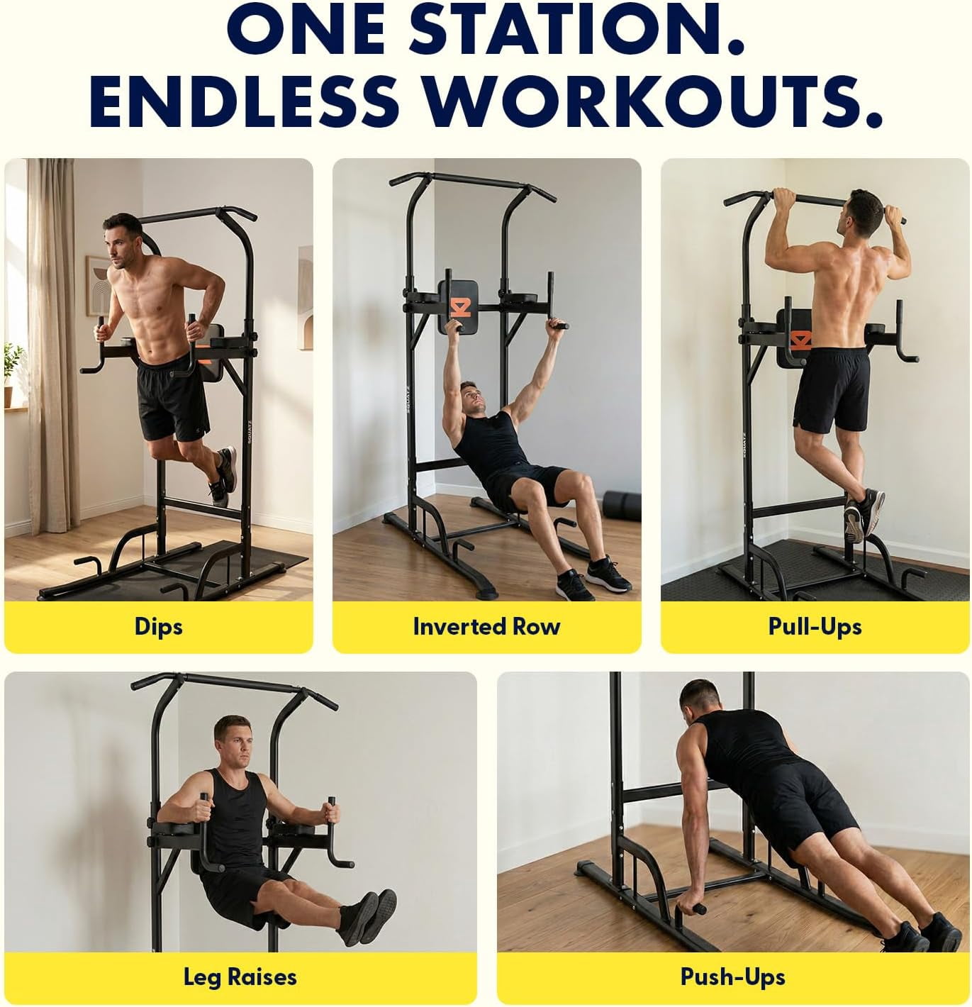 Squatz Power Tower Pull Up Station – Free Standing Multi-Grip Workout Frame with 6 Adjustable Heights, H-Base Stability, Steel Construction, 330 lb Capacity (Black)